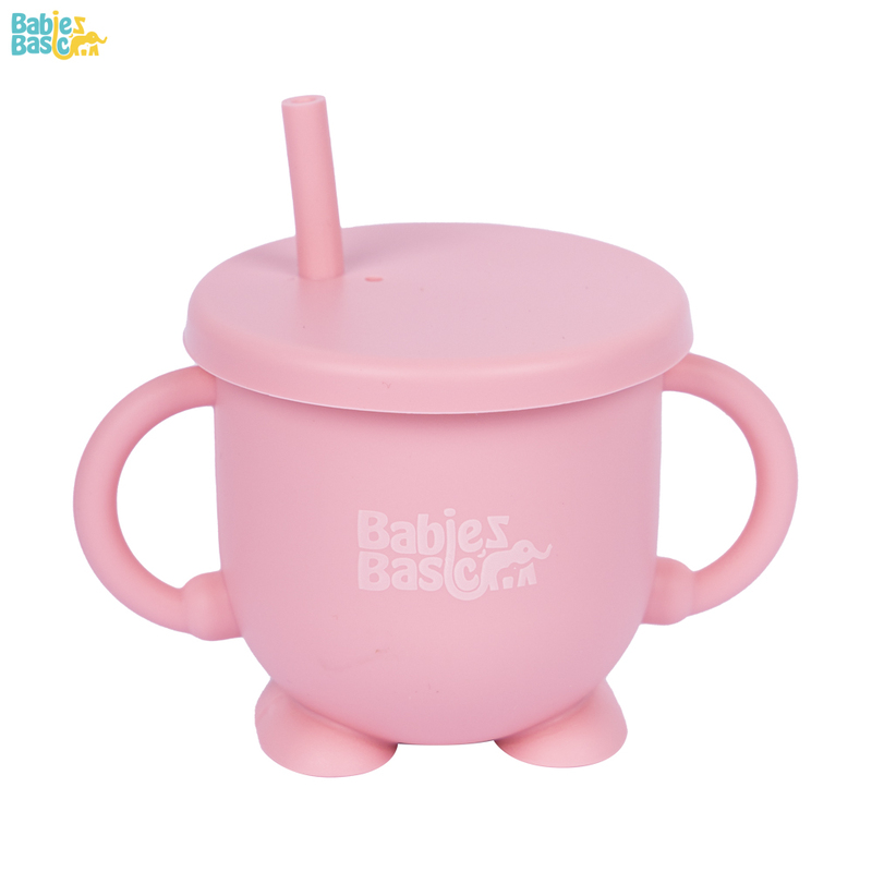 BabiesBasic Feeding Set, 6 Piece, Silicone Set for Self Feeding, Learning & Fine Motor Skills Soft, Easy to Grip, Bib, Bowl, Plate, Mini Utensils, Spoon & 2 in 1 cup - Pink