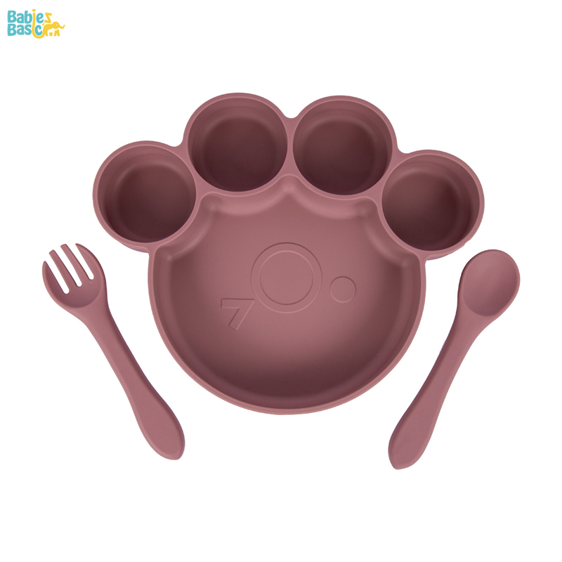 BabiesBasic Feeding Set, 3 Piece, Silicone Set for Self Feeding, Learning & Fine Motor Skills Soft, Easy to Grip,Silicone Suction Plate with silicone Spoon and Fork- Pink