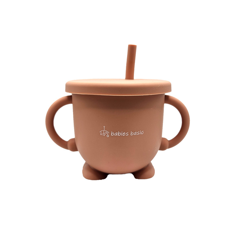 BabiesBasic Multi Purpose 2 in 1 Silicone Cup with Straw or a Snack Lid - Brown