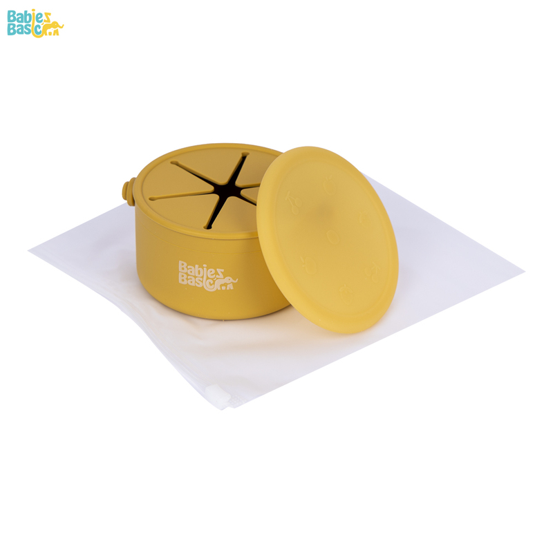 Babies Basic Silicone Snack Cup/Box with Lid. 100 % Food-Grade Silicone. BPA & Phthalate Free. Non-Slip Design-Easy to Carry, Travel Case Included- Yellow