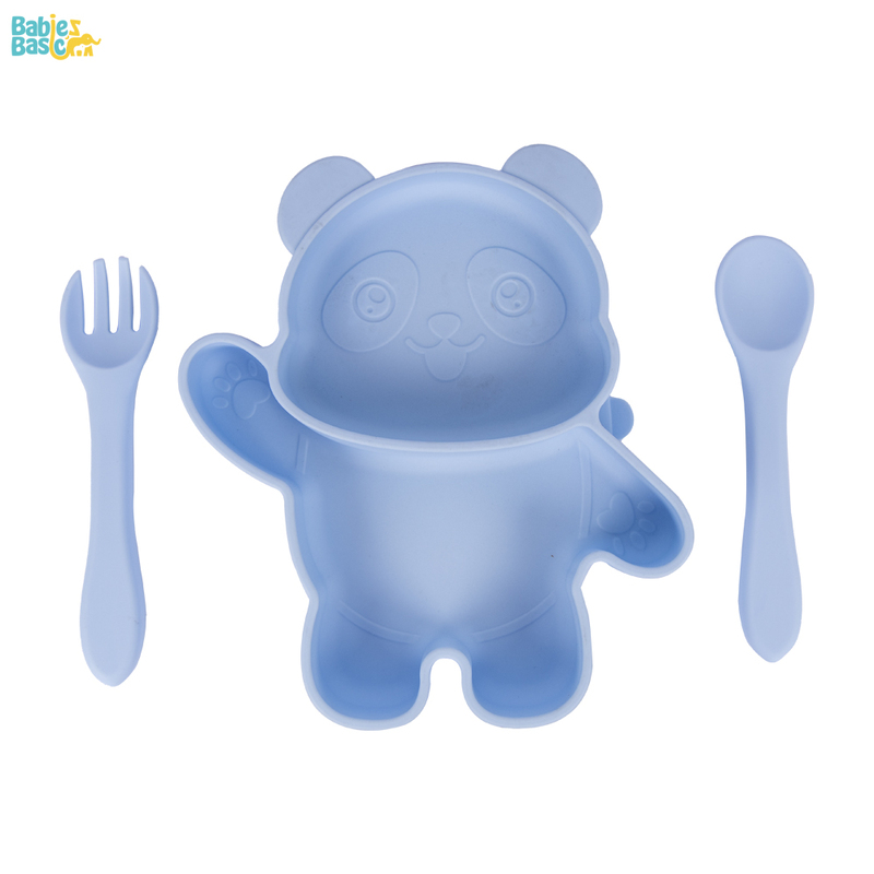 BabiesBasic Feeding Set, 3 Piece, Silicone Set for Self Feeding, Learning & Fine Motor Skills Soft, Easy to Grip,Silicone Suction Plate with silicone Spoon and Fork- Blue