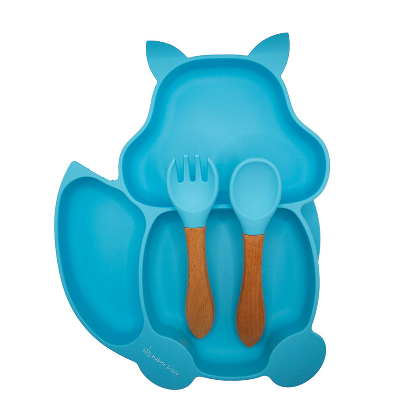 BabiesBasic Feeding Set, 3 Piece, Silicone Set for Self Feeding, Learning & Fine Motor Skills Soft, Easy to Grip, Squirel Shaped Suction Plate, Wooden Handle Spoon and Fork with Silicone Tip - Blue
