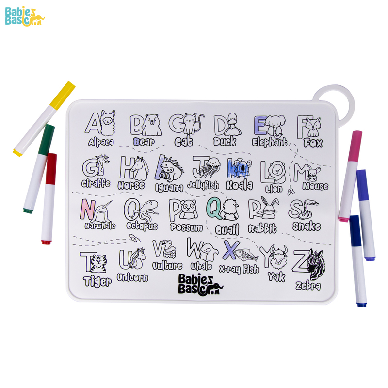 Babies Basic Reusable Silicone Colouring Mat with Pens and Travel Case - English Alphabet Design