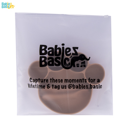 BabiesBasic Feeding Set, 3 Piece, Silicone Set for Self Feeding, Learning & Fine Motor Skills Soft, Easy to Grip,Silicone Suction Plate with silicone Spoon and Fork- Brown