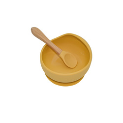 BabiesBasic Feeding Set, 2 Pieces, Silicone Set for Self Feeding, Learning & Fine Motor Skills Soft, Easy to Grip spoon with wooden handle and silione Tip, Strong Suction Silicone Bowl - Yellow