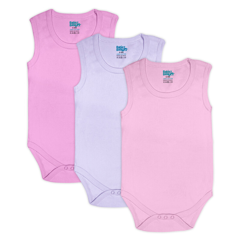 

BabiesBasic 100% Super Combed Cotton, Sleeveless Bodysuit, for New Born to 24months. Set of 3, 18-24 Months , Pink, Lavender, L.Pink