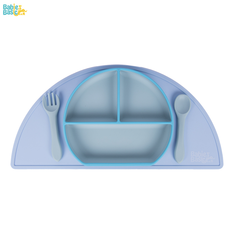 BabiesBasic Feeding Set, 3 Piece, Silicone Set for Self Feeding, Learning & Fine Motor Skills Soft, Easy to Grip,Silicone Suction Plate with silicone Spoon and Fork- Blue