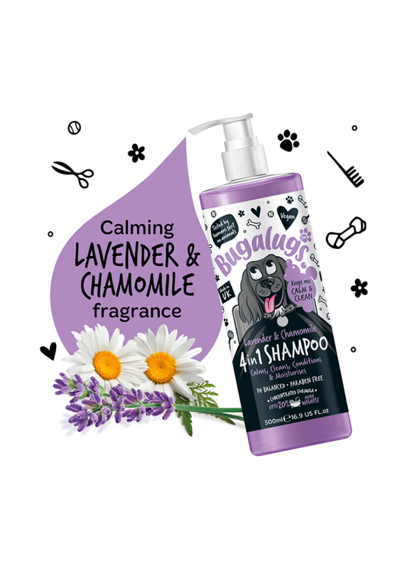 Bugalugs Four In One Lavender & Chamomile Dog Shampoo, Purple, 500ml