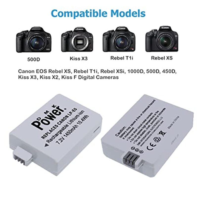 DMK Power 2 Pieces LP-E5 Battery for Canon Eos Digital Rebel Xsi 450d/Lpe5/Lc-e5/1000d/500d/Lpe5/Lc-e5/1000d/500d/Xsi/X3 Camera, White