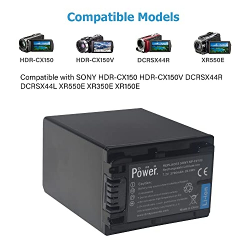 DMK Power NP-FV100 3700mAh Battery & TC600C Battery Charger for Sony HDR-CX150/HDR-CX150V/DCRSX44R/DCRSX44L/XR550E/XR350E/XR150E/Etc, Black