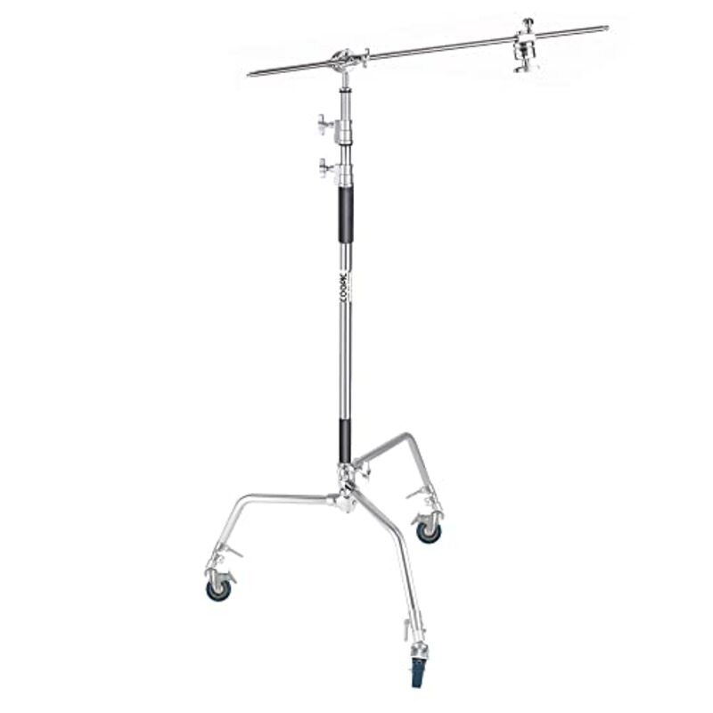 Coopic Stainless Steel C Stand with Holding Arm 2 Grip Head with 3 wheels & Carrying Bag for Video Reflector Monolight Photography, Multicolour