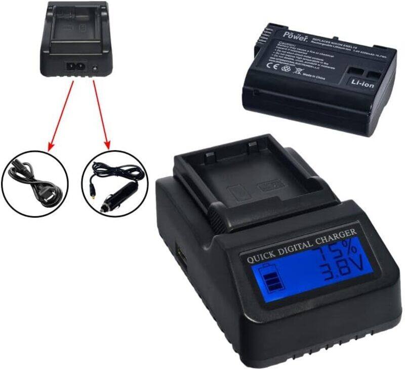 

DMK Power EN-EL15 2250mAh Battery & LCD Quick Battery Charger Kit Compatible with Nikon Digital SLR Cameras, Black