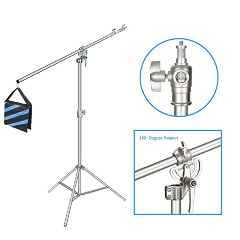 Coopic L380 Stainless Photo Studio 2-way Light Stand Max Height 12.63 Feet & 3.9-7Inch Adjustable Boom Arm Includes Blue Sandbag for Supporting Umbrella Softbox Flash for Portrait Video Light, Silver