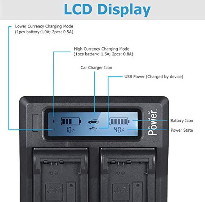 DMK Power NP-FW50 DC-01 LCD Dual Battery Charger for Sony NP-FW50 & Sony Alpha a3000, Black