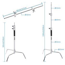 Coopic C Stand Stainless Steel 330cm Max Height Studio Photo Video 4 feet Holding Arm Grip with Turtle Base for Light Reflector, 3 Pieces, Silver