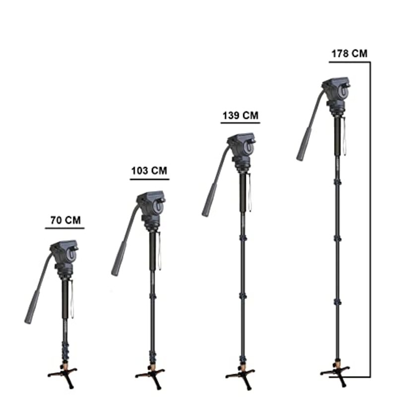 Coopic CP-VM10 Professional Video Monopod with Maximum Height 1780mm, Pan Tilt Fluid Head, Wrist Strap and Carrying Bag for DSLR Video Cameras Camcorders, Black