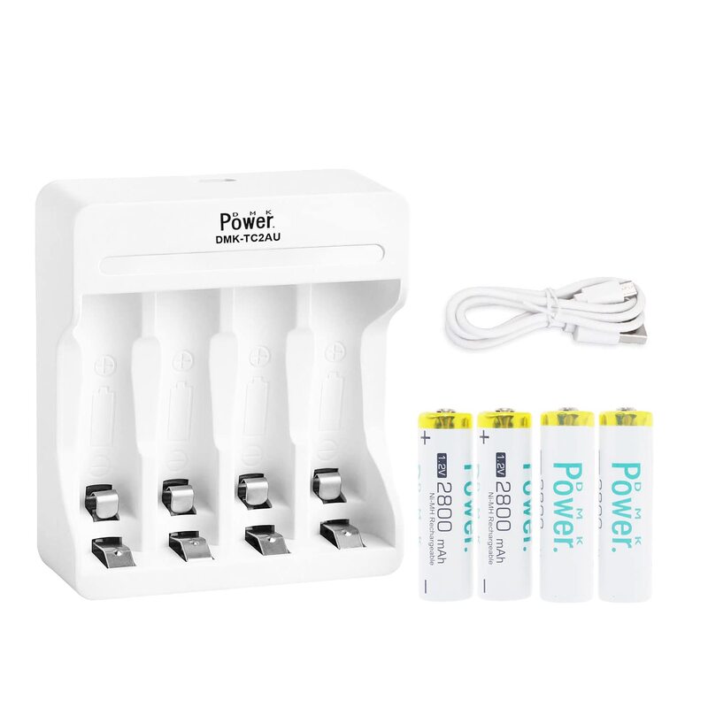 Dmkpower Rechargeable 2800 mAh 1.2V Nimh Low Self Discharge with 4 Independent Slot USB Charger for AAA Batteries, 4 Pieces, White