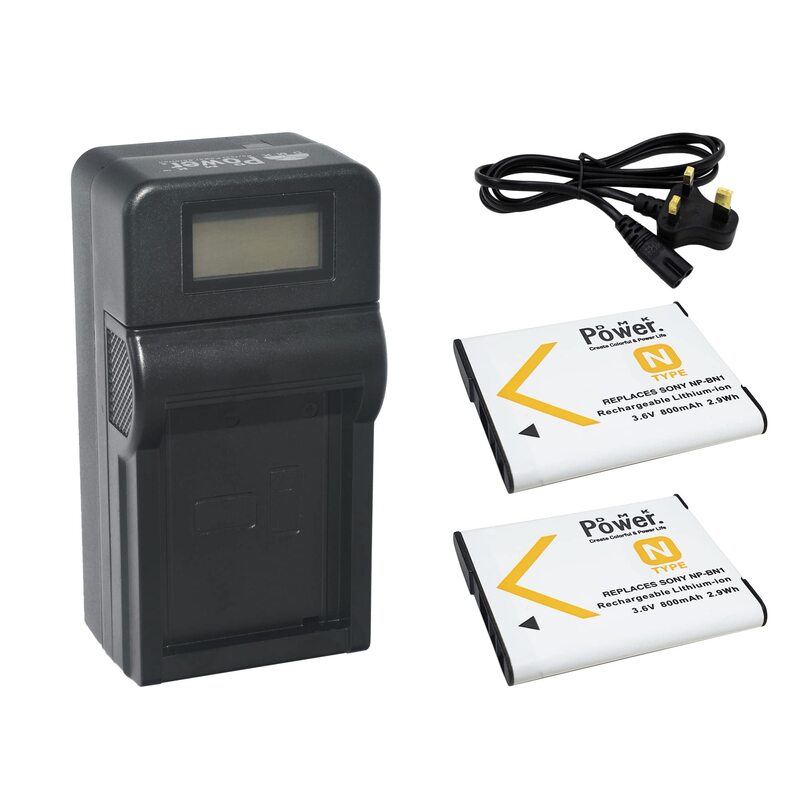 DMK Power 2 x NP-BN1 800mAh Rechargeable Battery & TC1000 LCD Charger for Sony DSC-QX10, DSC-QX30, DSC-QX100, DSC-TX100V, DSC-TX200V, DSC-W800, Black