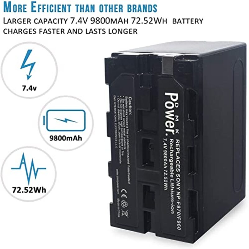 DMK Power 8 Piece NP-F970/NP-F960 9800mAh Battery & 1 x DC-01 Digital Dual Battery Charger made for LED Photo Video Lights & Monitor only Not for Cameras & Camcorder, Black