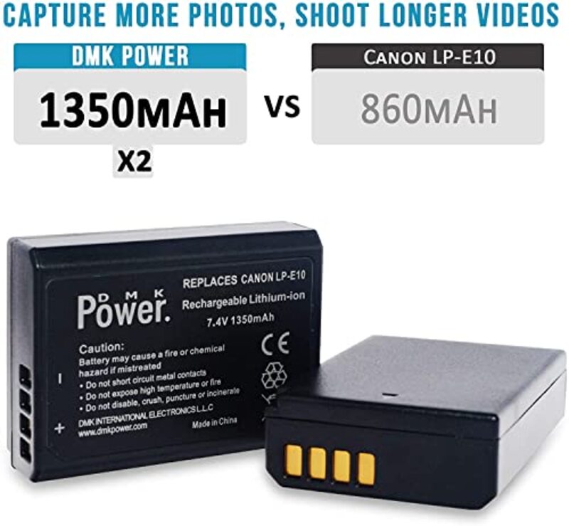DMK Power LP-E10 1350mAh Battery with TC1000 Battery Charger for Canon EOS Rebel T3, T5, T6, T7, Kiss X70, T100, EOS 1100D, Black
