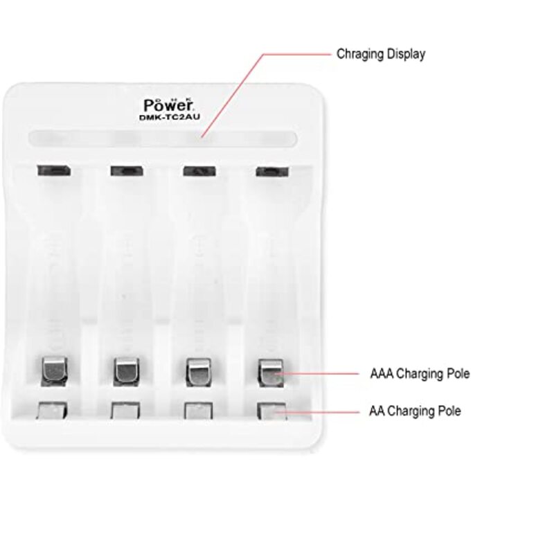 DMK Power TC2AU AA AAA Battery Charger 4 Independent Slot Smart Fast Charger with LED Light & USB Cable Battery Charger for Sony AA AAA Ni-Cd Ni-MH Rechargeable Battery, White