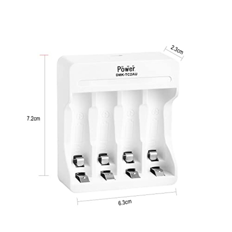DMK Power TC2AU AA AAA Battery Charger 4 Independent Slot Smart Fast Charger with LED Light & USB Cable Battery Charger for Sony AA AAA Ni-Cd Ni-MH Rechargeable Battery, White