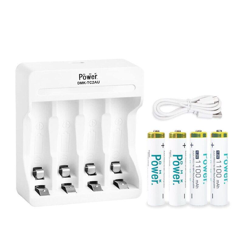 Dmkpower Rechargeable 1100 mAh 1.2V NimH Low Self Discharge with 4 Independent Slot USB Charger for AA Batteries, 4 Pieces, White