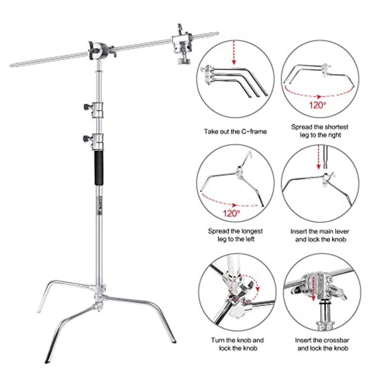 Coopic 3-Piece Stainless Steel C Stand with Holding Arm & Grip Head for Video Reflector Monolight Photography, Silver