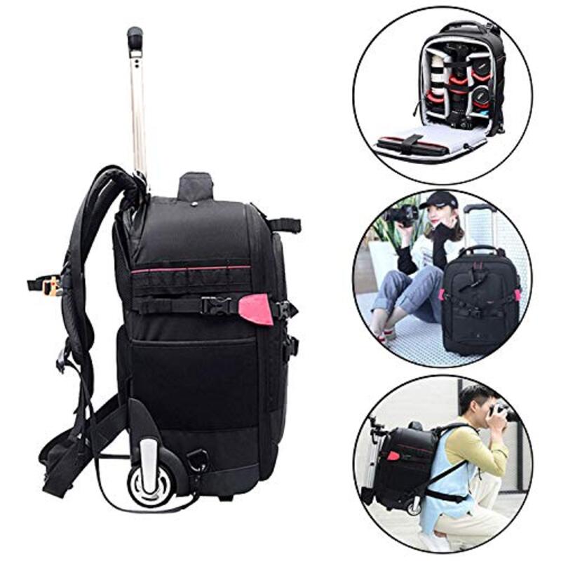 Coopic BP-50 2-in-1 Rolling Durable Waterproof Camera Backpack Trolley Case with Anti-Shock Detachable Padded Compartment Hidden Pull Bar for Camera Tripod Flash Light Lens, Black