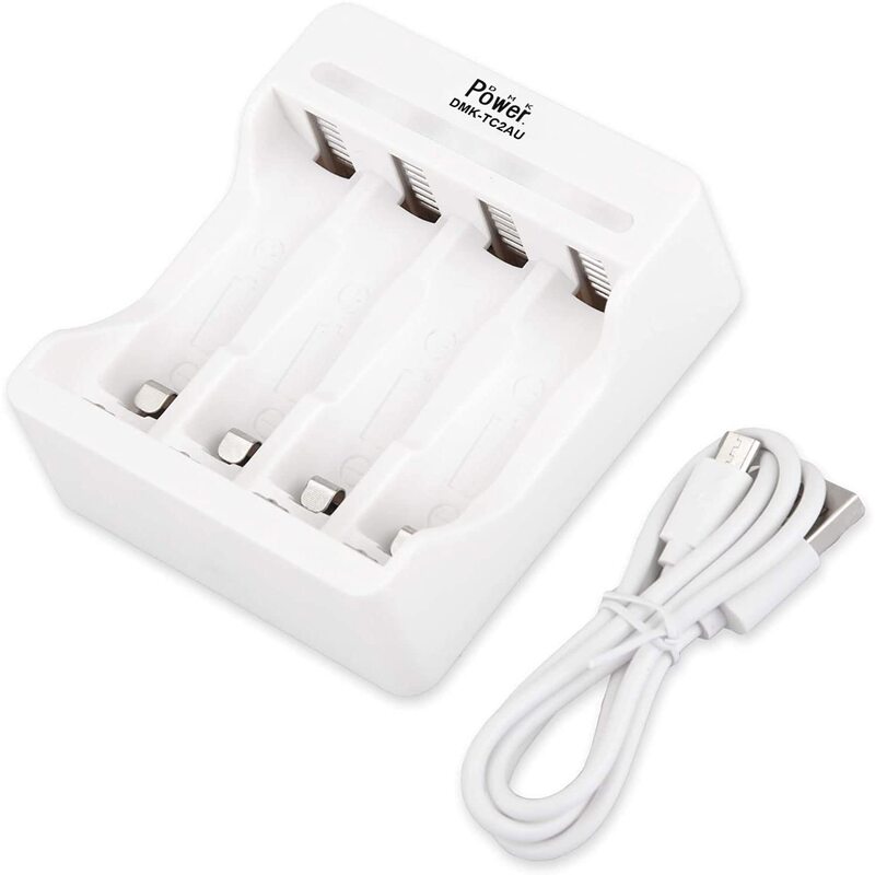 DMK Power TC2AU AA AAA Battery Charger 4 Independent Slot Smart Fast Charger with LED Light Battery Charger for Sony AA AAA Ni-Cd Ni-MH Rechargeable Battery, White