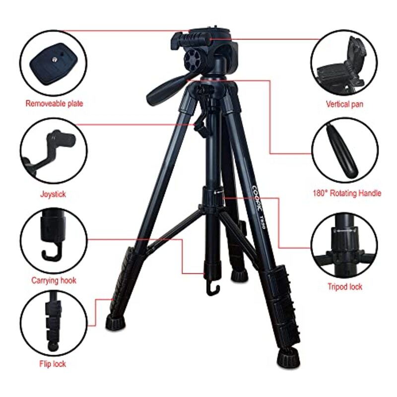 Coopic T690 Adjustable Light weight Tripod with Carrying Bag for Canon & Nikon Cameras, Black