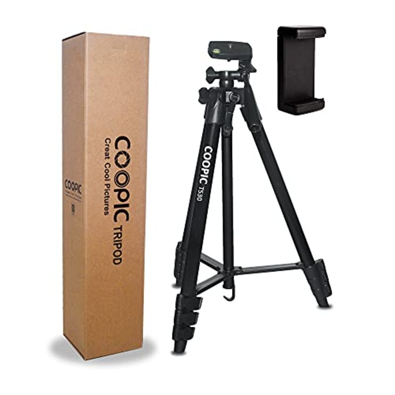 Coopic T530 Photography Lightweight Tripod & 52.5 Inch Aluminum Lightweight Portable Tripod with Mobile Holder for SLR/DSLR Camera/Smartphone’s/DV Video, Maximum Load 2kg, Black