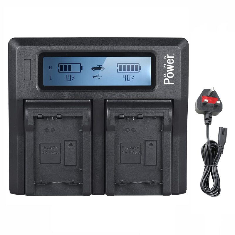 DMK Power NP-FW50 DC-01 LCD Dual Battery Charger for Sony NP-FW50 & Sony Alpha a3000, Black