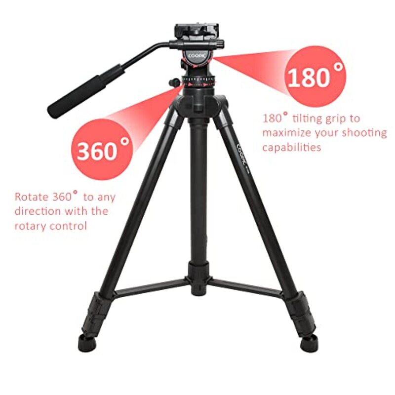 Coopic CP VT05 Professional Video Tripod 167cm Platinum Aluminium Light Weight with Quick Release Plate Fluid Video Pan Head for DSLR & Video Cameras, Black