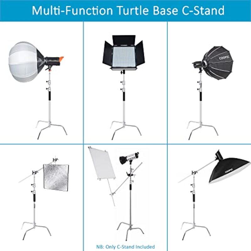 Coopic Stainless Steel C Stand with Holding Arm Grip Head with Turtle Base & Carrying Bag for Video Reflector Monolight Photography, 2 Piece, Multicolour