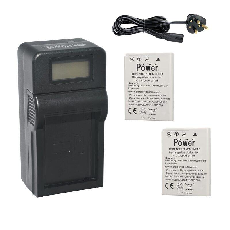 

DMK Power 2-Piece EN-EL8 730mAh Camera Battery with TC1000 LCD Battery Charger for Nikon Coolpix P1 P2 S1 S2 S3 S5 S6 S7 S7c, Black