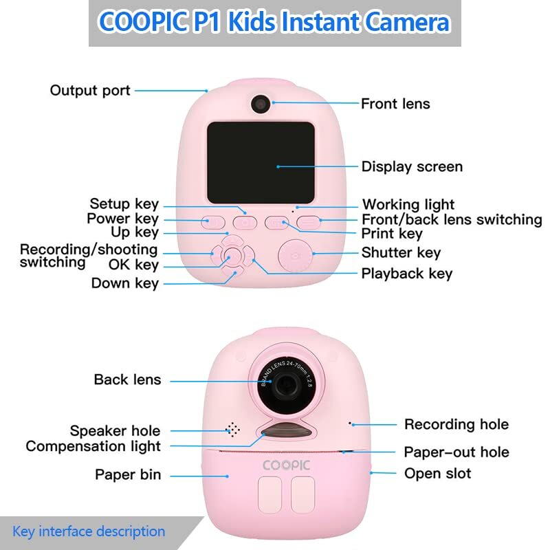 Coopic Children Instant Selfie Print Photo & Video Digital Camera, Full-HD, 1080P, Pink