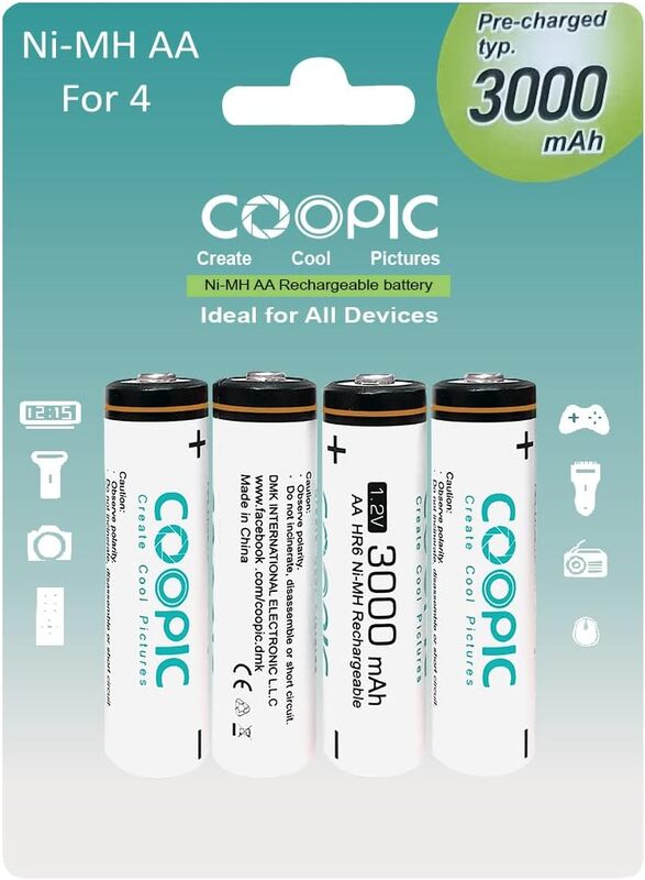 Coopic Create Cool Pictures AA RH6 Ni-MH Pre-charged type Rechargeable Battery, 3000mAh, 4 Pieces, White