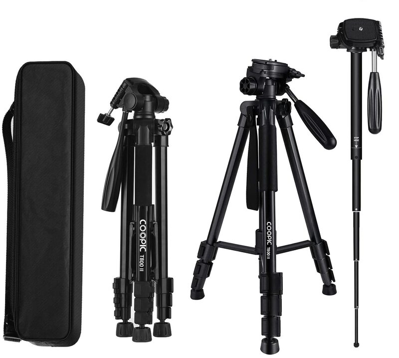 Coopic T800 II 2-in-1 Photography Tripod Monopod Stand Aluminium Alloy 3-Way Swivel Pan with Carrying Bag for DSLR Cameras Camcorders, Black