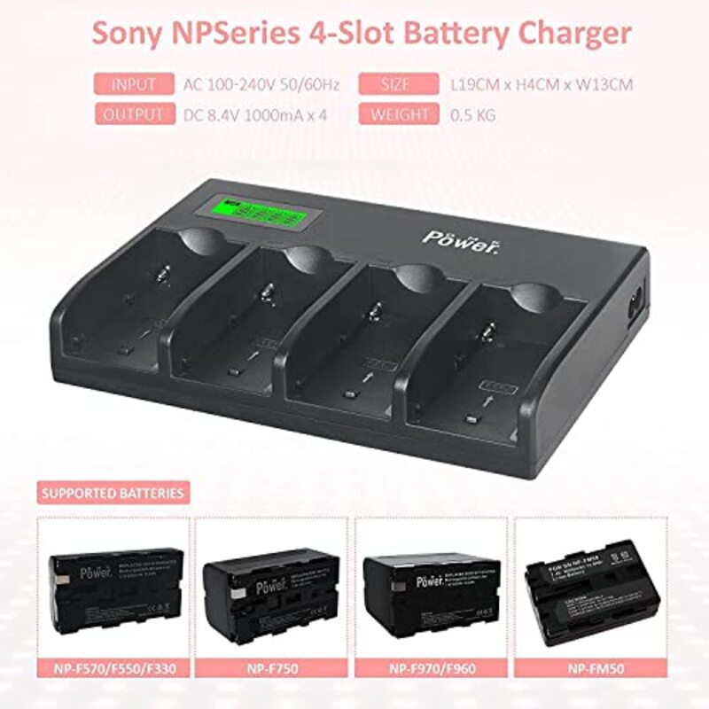 DMK Power 4-Channel Charger & NP-F970 9800mAh Batteries for LED Video Light & Monitor, Black