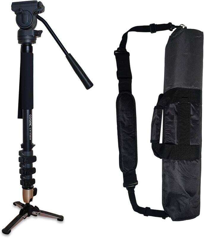 Coopic CP-VM10 Professional Video Monopod with Maximum Height 1780mm, Pan Tilt Fluid Head, Wrist Strap and Carrying Bag for DSLR Video Cameras Camcorders, Black