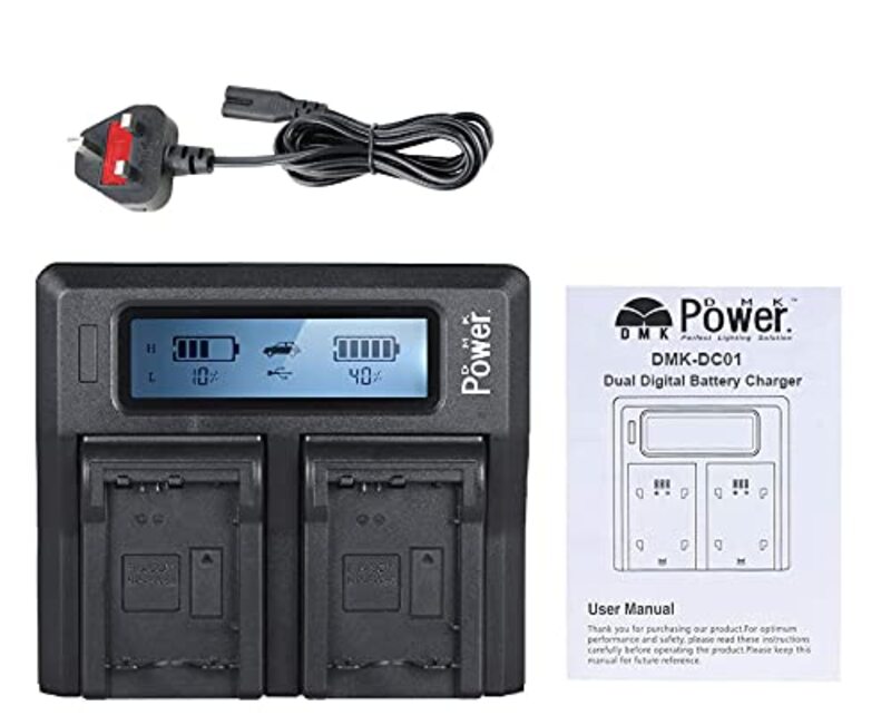 DMK Power NP-FW50 DC-01 LCD Dual Battery Charger for Sony NP-FW50 & Sony Alpha a3000 a5000 a5100 Alpha a6000 a6300 a6400 a6500 Alpha 7 a7 7R a7R a7RM2 7S a7S, Black