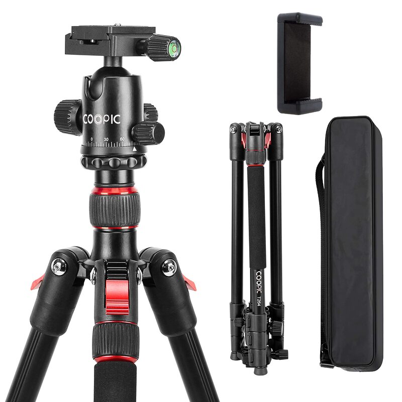 Coopic T264 170cm 2 in 1 Lightweight Portable Tripod for SLR DSLR Cameras with Tripod Bag & Mobile Holder, Black