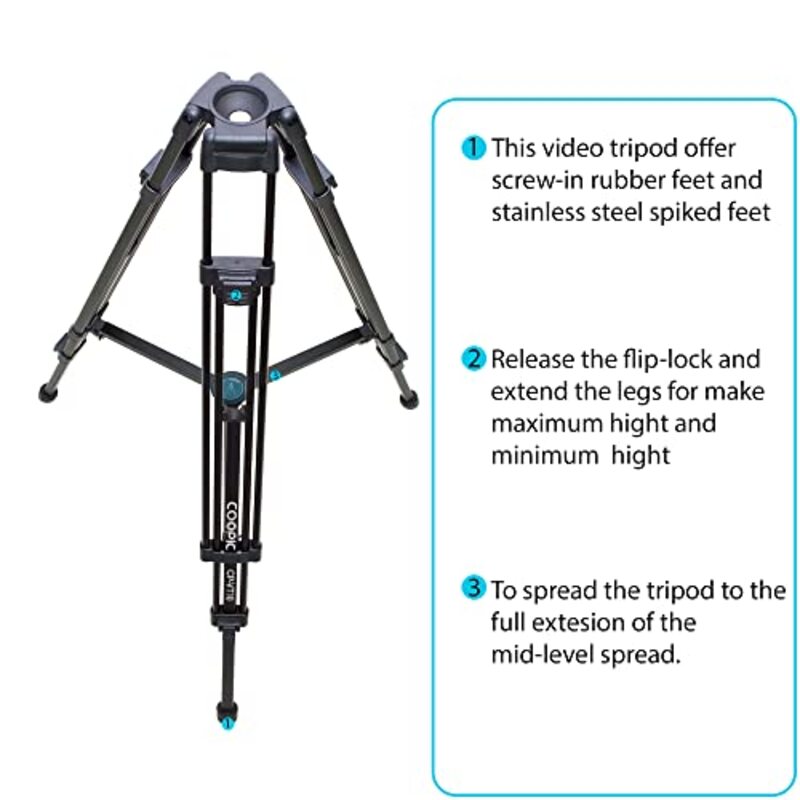Coopic CP-VT10 Heavy Duty Aluminum Alloy Video Tripod with D2 Dolly Rubber Wheels Adjustable Leg Mounts for DSLR & Camcorder Cameras, Black