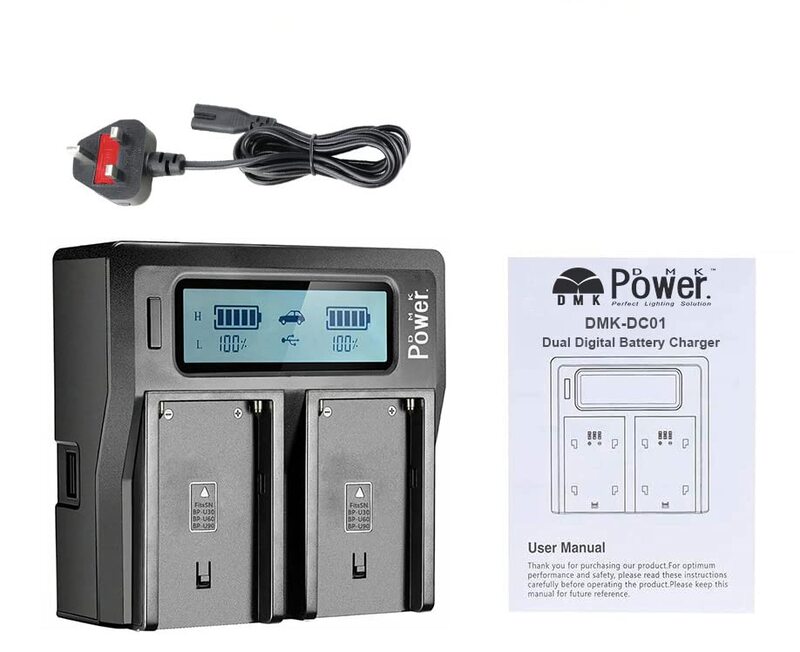 DMK Power 2 Piece BP-U90 Higher Capacity 10130mAh Rechargeable Battery & DC-01 LCD Dual Battery Charger for Sony PMW-100, PMW-150, PMW-160, PMW-200, PMW-300, PMW-EX1, Black