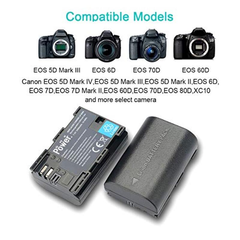 DMK Power LP-E6 LP E6N 2300mAh Battery Dual Slot USB Charger for Canon 80D 70D 60D 6D 5D Mark II III IV EOS 5Ds 5D2 5D3 5DSR 5D4, Black