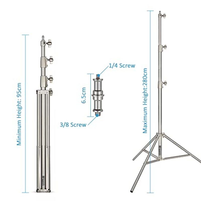 Coopic L-280M Stainless Steel Heavy Duty Light Stand 110inch/280cm with 1/4-inch to 3/8-inch Universal Adapter for Studio Softbox, Monolight & Other Photographic Equipment, Silver