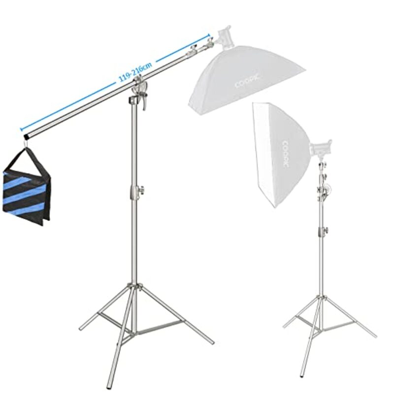 Coopic L380 Stainless Photo Studio 2-way Light Stand Max Height 12.63 Feet & 3.9-7Inch Adjustable Boom Arm Includes Blue Sandbag for Supporting Umbrella Softbox Flash for Portrait Video Light, Silver