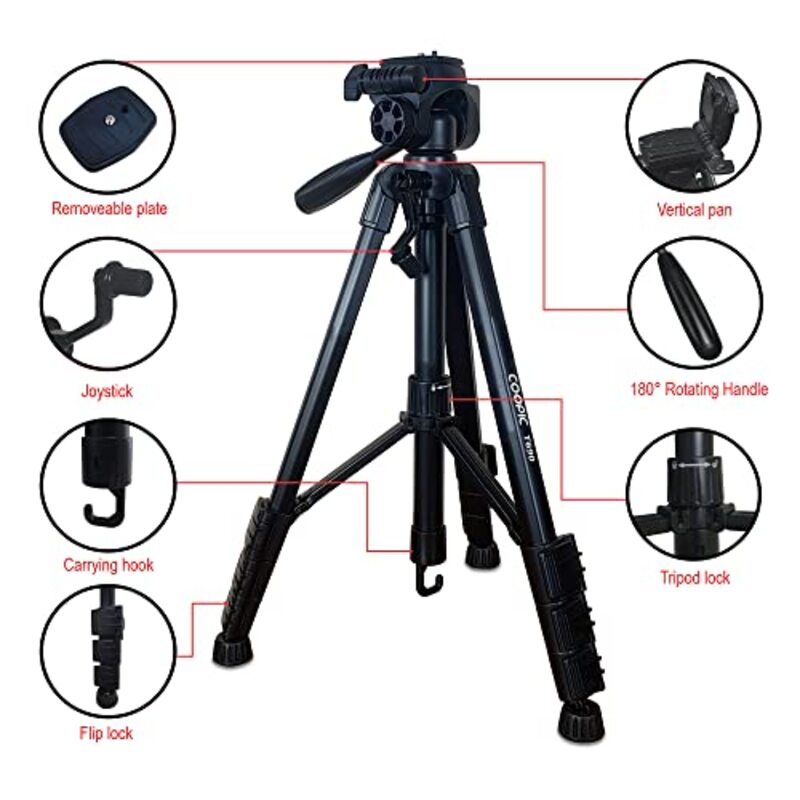 Coopic T690 Light Weight Portable Aluminum Camera Tripod for Canon Nikon Sony DSLR Camera with Carry Case, Black