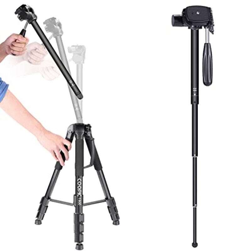 Coopic T800 Portable 69.5inch Aluminium Alloy Camera Tripod Monopod with 3-Way Swivel Pan Head Bag for DSLR Camera Video Camcorder Load, Black